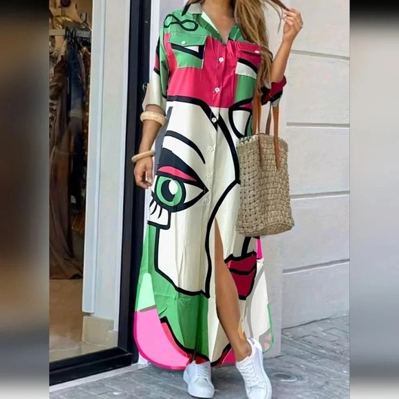 Figure Graphic Button Front Shirt Dress - Picture 1 of 4
